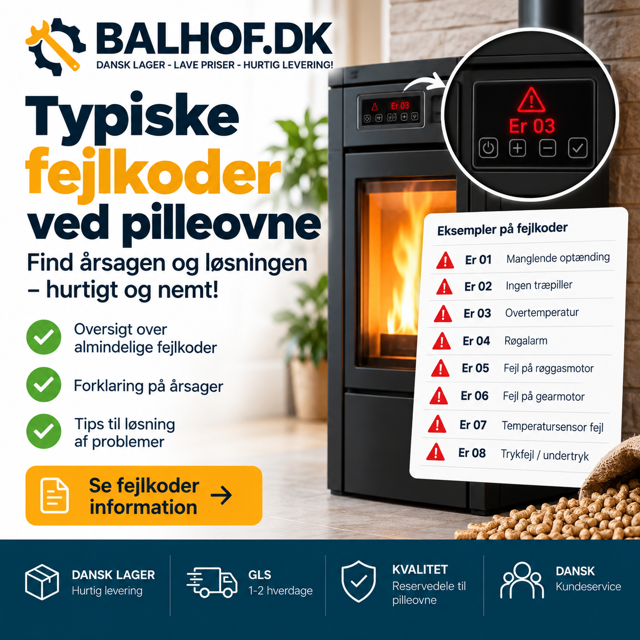 Typiske fejlkoder ved pilleovne - Se fejlkoder