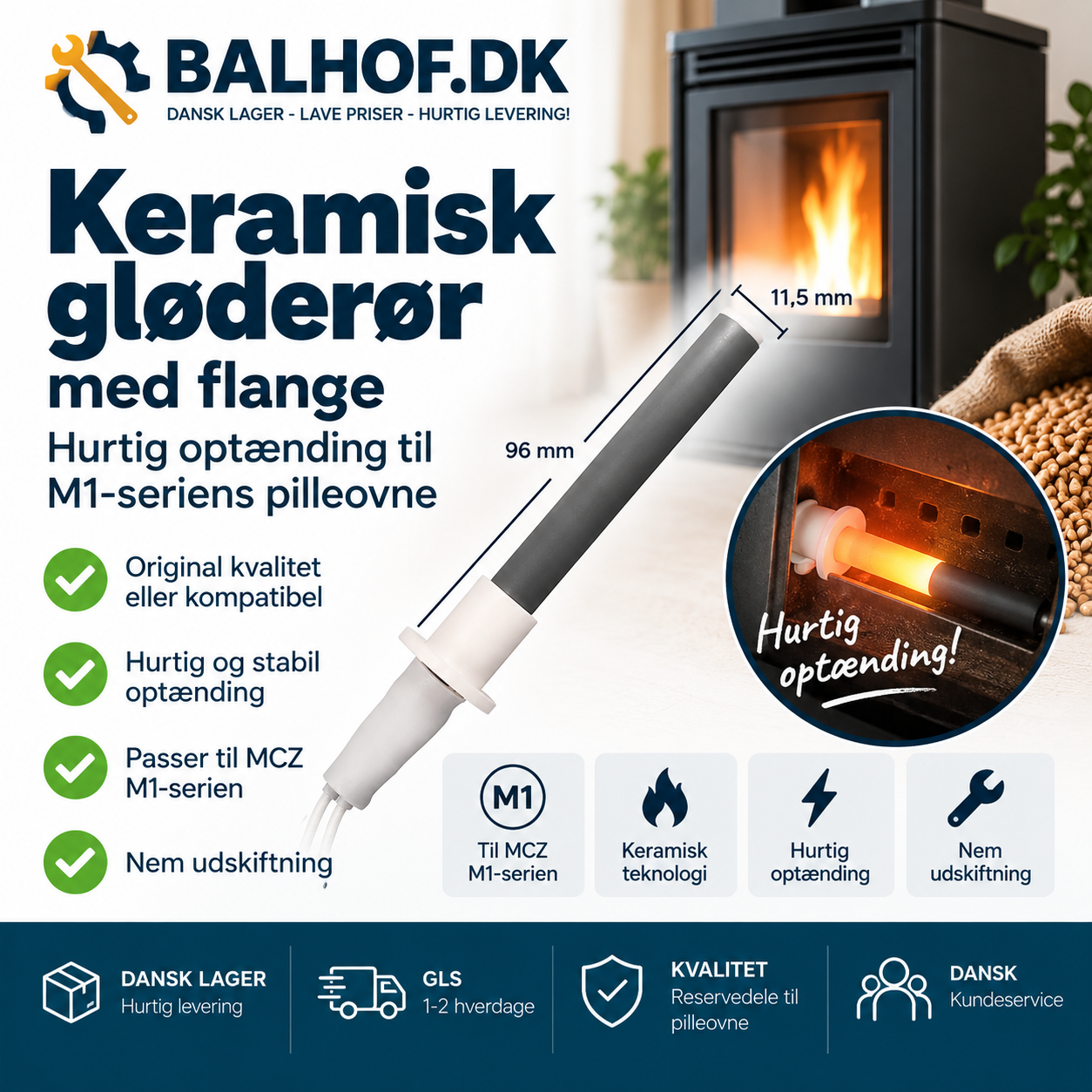 MCZ keramisk gløderør med flange – hurtig optænding til M1-seriens pilleovne