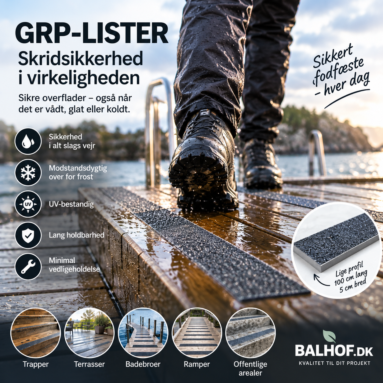 Skridsikre GRP-lister – Den komplette guide til sikker udendørs skridsikring